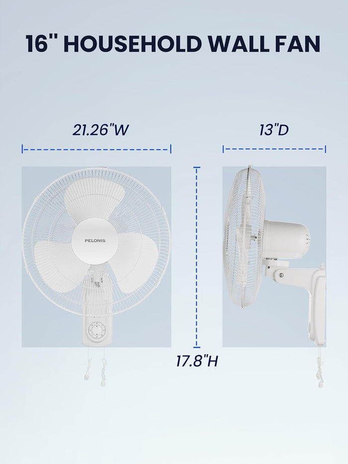 PELONIS 16’’ Wall Mount Fan with 3 Speed Settings Oscillating Household Wall Mounted Fan with Adjustable Tilt High Velocity for Garage Patios Bedroom, 2 Packs White