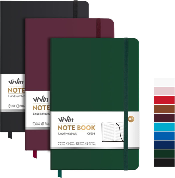 ViVin Lined Journal Notebooks for Work, 192 Pages, Medium 5.5 x 8.3 inch, College Ruled, A5 Hardcover Journaling Notebooks for Writing, 8 Pack Bulk,Black