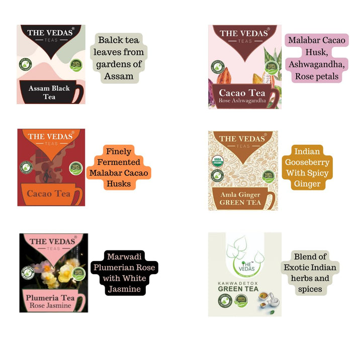 The Vedas Book of Tea Collection | Assorted Tea Bags | Mother's Day Gift Set | 12 Exotic Herbal Blends | 4 Units Each, Total 48 | Best for Corporate Gifting | Gift Hamper