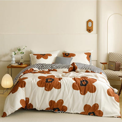 CLOTHKNOW Pumpkin Floral Queen Comforter Set Sunflower Bedding Comforter Sets Black White Plaid Comforter Botanical Comforters