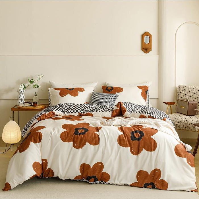 CLOTHKNOW Pumpkin Floral Queen Comforter Set Sunflower Bedding Comforter Sets Black White Plaid Comforter Botanical Comforters