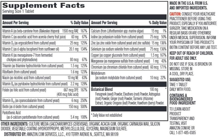 Amazon Elements Men’s One Daily Multivitamin, 62% Whole Food Cultured, Vegan, 65 Tablets, 2 month supply (Packaging may vary)