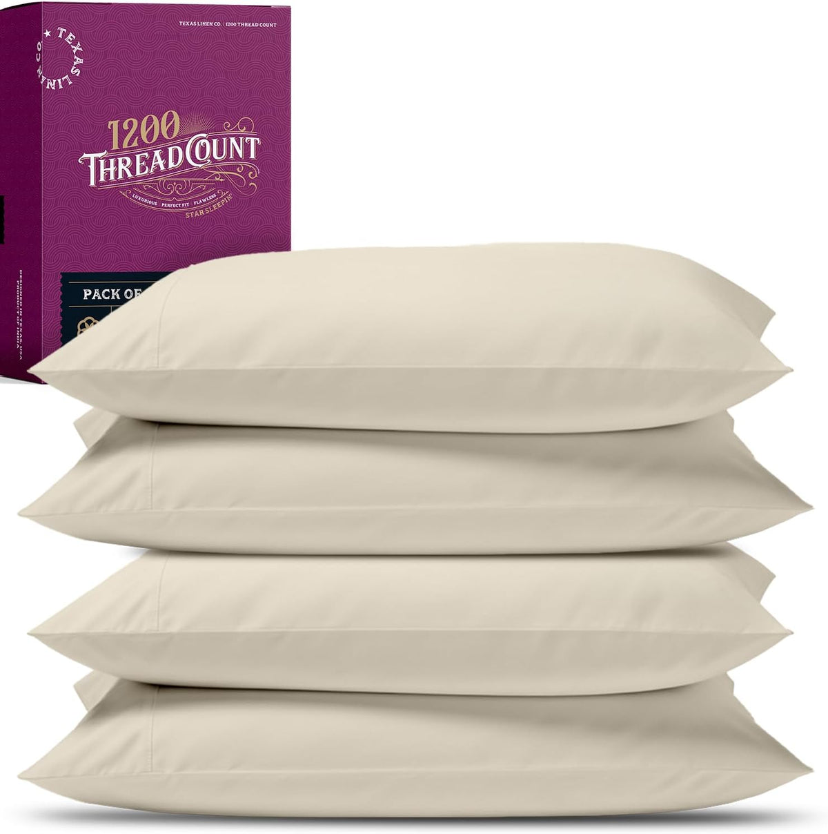 TEXAS LINEN CO. 100% Egyptian Cotton Sheets King Size Set - 1200 Thread Count Egyptian Cotton Luxury Sheets King Size, 17" Deep Pocket, Soft, Cooling Sateen Weave Hotel Quality Bedding Set - Beige