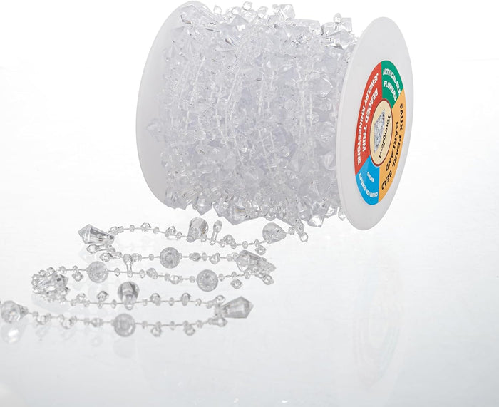 33 Feet Crystal Garland Christmas Clear Iridescent Crystal Bead Rolls and Gold Bead Garland Twist Bead String for Christmas Tree Wedding Party Decoration