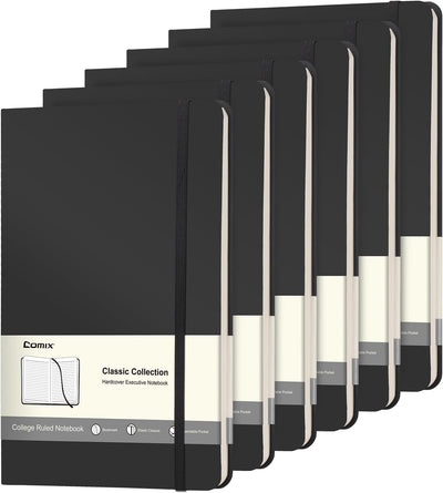 Comix 6 Pack Lined Journal Notebooks for Work, 240 Pages, 5.5"x8.3", Black, Hardcover, A5 Medium College Ruled, Journaling Notebooks for Notes-taking, Fits for Office School Home