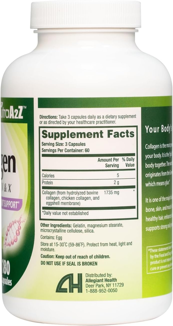 Multi Collagen Pills 1735mg -180 Collagen Capsules (60 Servings) - Types I, II, III, V & X for Healthy Skin, Hair, Nails & Joint Support