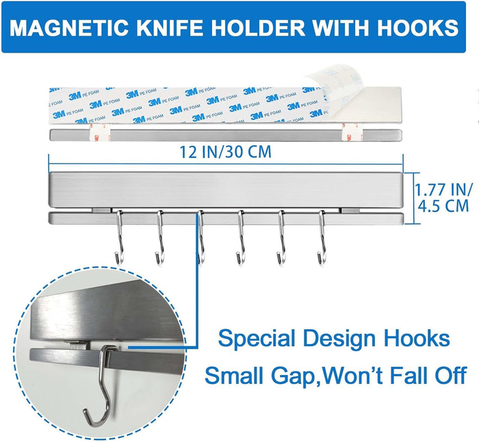 12 Inch Magnetic Knife Holder for Wall with 6 Hooks No Drill-Double Magnetic Bar Strong Adhesive Knife Magnetic Strip-Kitchen Utensil Hanger-304 Stainless Steel Magnetic Kitchen Knife Rack