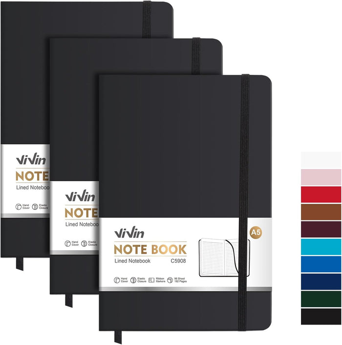 ViVin Lined Journal Notebooks for Work, 192 Pages, Medium 5.5 x 8.3 inch, College Ruled, A5 Hardcover Journaling Notebooks for Writing, 8 Pack Bulk,Black