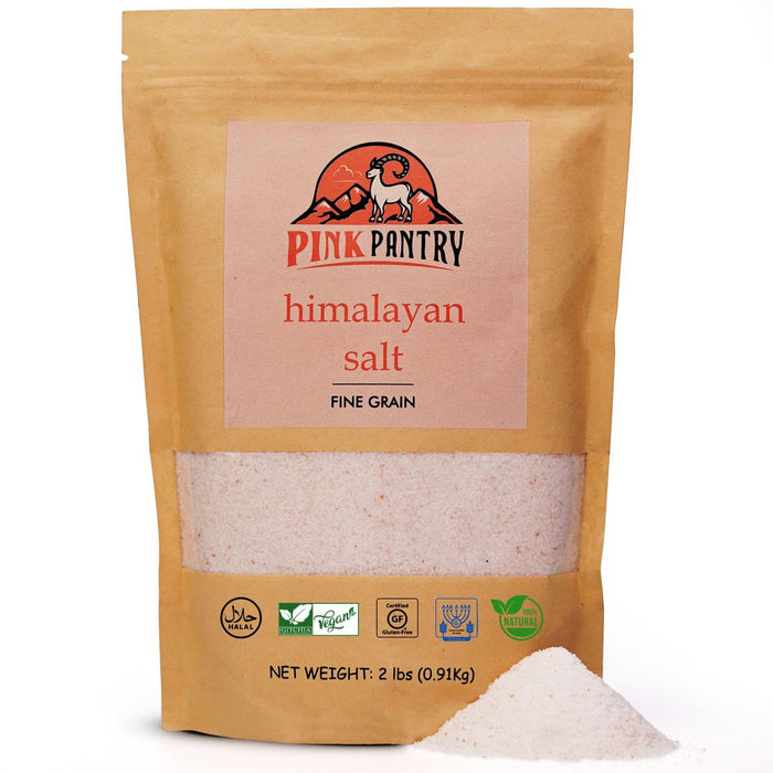 Pink Pantry Himalayan Pink Salt, 100% Pure Himalayan Salt, Non-GMO, Kosher Certified, No Additives, Ideal for Cooking, Seasoning & Gourmet Dishes, Rich in Trace Minerals, 2lb Pouch, Fine Grain