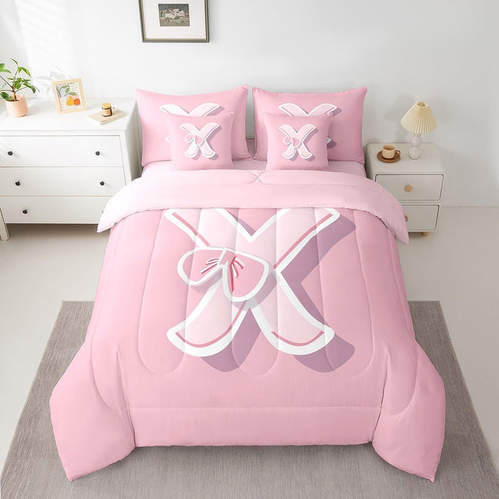 jejeloiu Dreamy Bow Bed Set, Twin Size, Decor Teen Girl Gifts Initial Letter X 7 Pieces Beeding Set, Monogrammed Ultra Soft Bed in a Bag with Comforter, Sheets, Pillowcases Kawaii Pink Fashion
