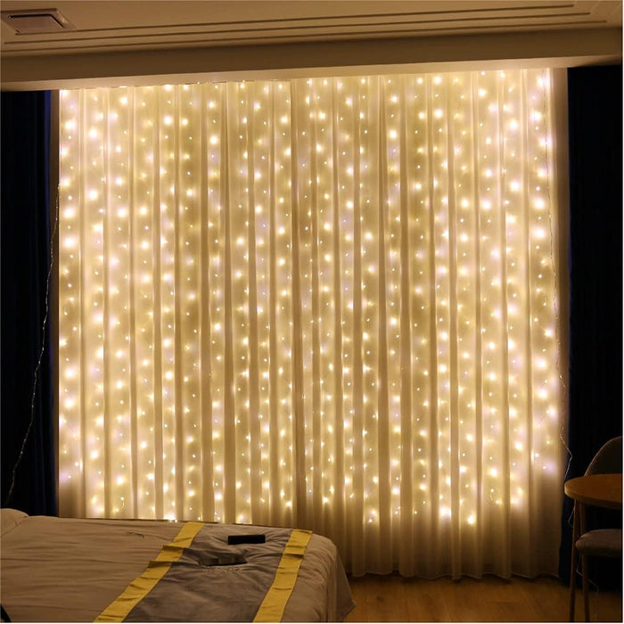 ZSJWL 300 LED Curtain Fairy Lights with Remote, 8 Modes 9.8 × 9.8 Ft, USB Plug in Copper Wire String Lights for Bedroom Window Chrismas Wedding Party, Warm White