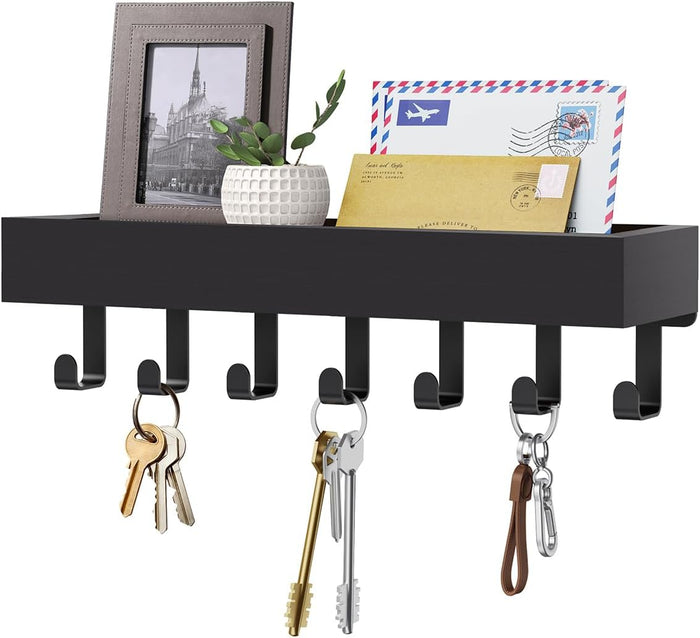 Key Holder Wall Mount Adhesive Magnetic - Hanging Key Hooks with Mail Organizer Tray for Wallet House - Keys Hanger Rack with Shelf for Camper Entryway Door Home Living Room Decor Large Rustic