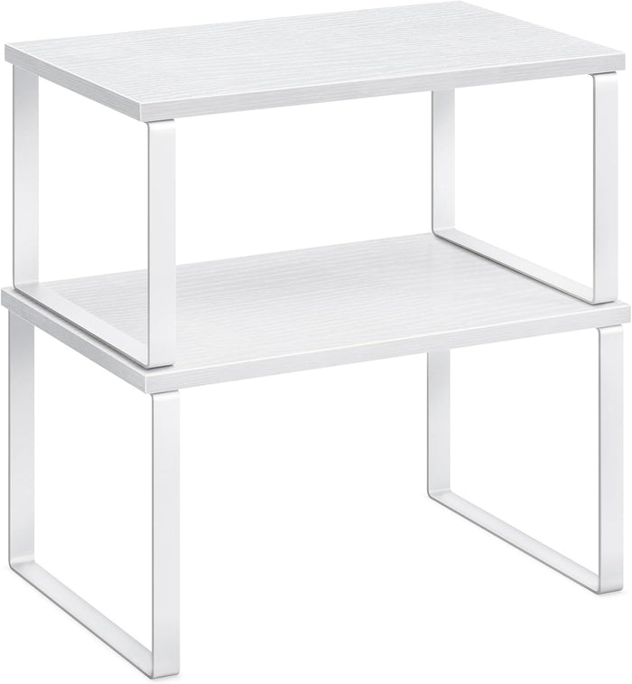 SONGMICS Cabinet Organizer Shelf, Set of 2 Kitchen Counter Shelves, Kitchen Storage, Spice Rack, Stackable, Expandable, Metal and Engineered Wood, Ink Black and Natural Beige UKCS02NB
