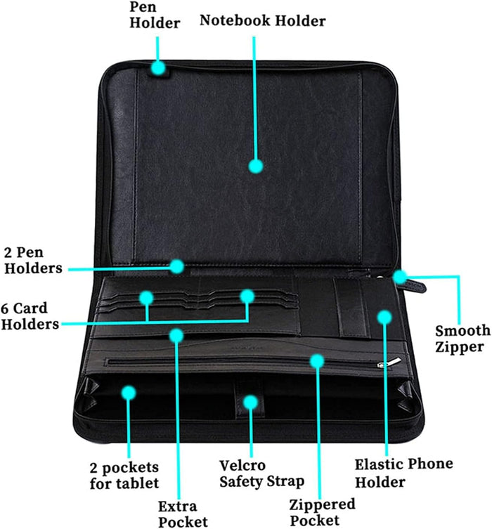 IVESIGN Zippered Padfolio for Women & Men Resume Portfolio Folder Vegan Leather Salesman Business Organizer Planner,with Writing Pad Interior 10.1 Inch Tablet Sleeve Black