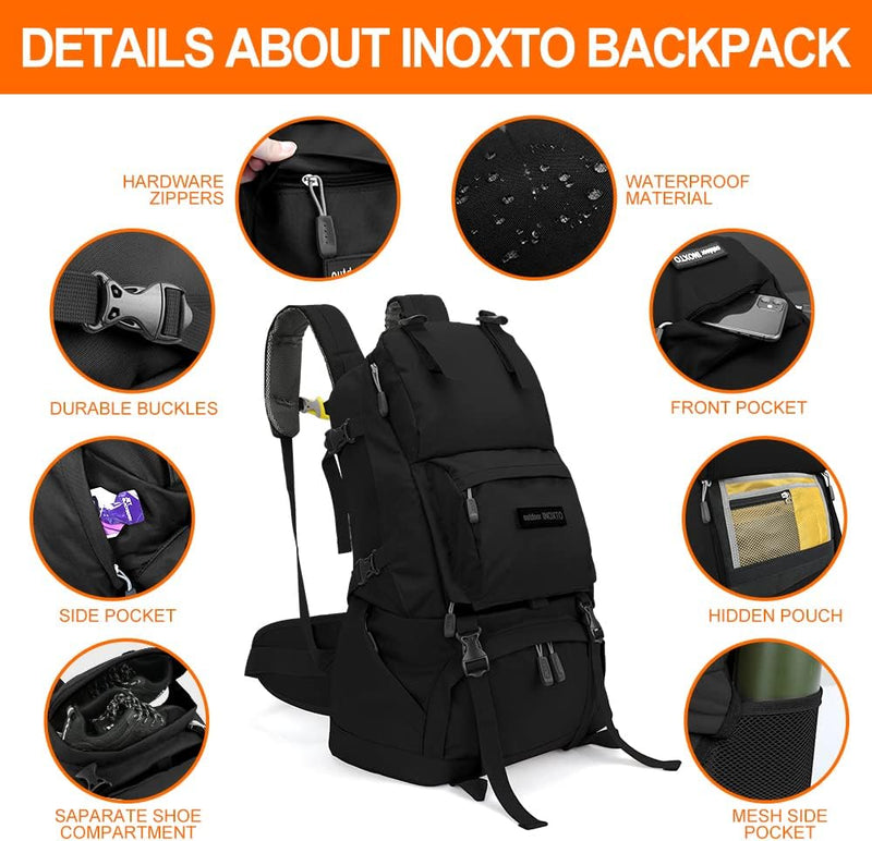 INOXTO 35L/40L Hiking Backpack, Camping Backpack with Waterproof Rain Cover for Men, Outdoor Sport Travel Daypack for Climbing (Black)