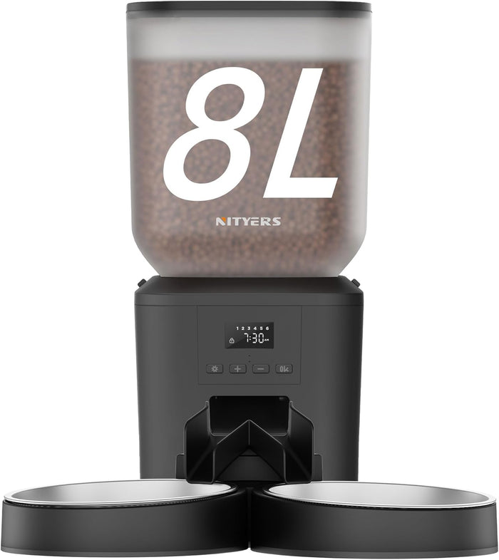 Automatic Dog Feeder - 8L/34 Cups Large Capacity Automatic Cat Food Dispenser with LCD Screen, Large Food Tray, Battery Operated, Timed Cat Feeder, Up to 50 Portions 6 Meals Per Day, Keeps Fresh
