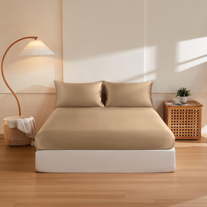 THXSILK 6A+ Top Grade 100% Pure Mulberry Silk Full Fitted Sheet 3Pcs Set Bed Sheets Luxury Bedding for Hair and Skin Healthy Natural Materials, 1 Fitted Sheet with 2 Pillowcases, Champagne