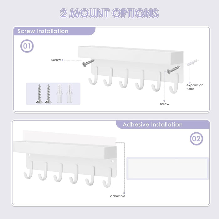 VIS'V Key Holder Wall Mount, Compact Adhesive Key Rack with Tray, 6 Hooks, 2 Mount Options, White