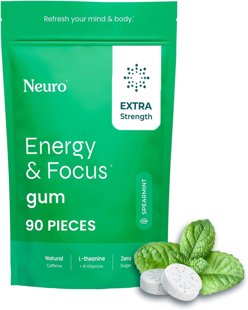 NeuroGum Extra Strength Energy & Focus Gum (90 Count Bag, Peppermint) | 100mg Natural Caffeine + L-Theanine + Vitamin B12 & B6 + Xylitol | Sugar Free Nootropic Cognitive Brain Performance Supplement