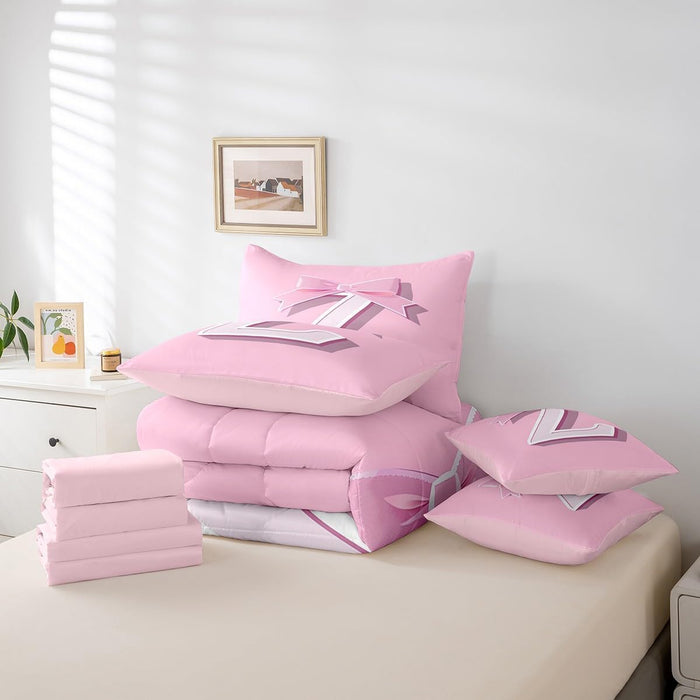 jejeloiu Dreamy Bow Bed Set, Personalized Teen Girl Gifts,Twin Size, Decor Initial Letter Z 7 Pieces Beeding Set, Monogrammed Ultra Soft Bed in a Bag with Comforter, Sheets, Pillowcases Kawaii