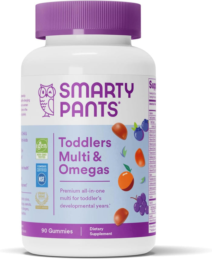 SmartyPants Toddler Multivitamin Gummies - Improved Formula: Omega 3 (DHA/EPA), Vitamins D3, C, Vitamin B12, B6, A, K & Zinc, Biotin, Gluten Free, Three Fruit Flavors, 60 Count (30 Day Supply)