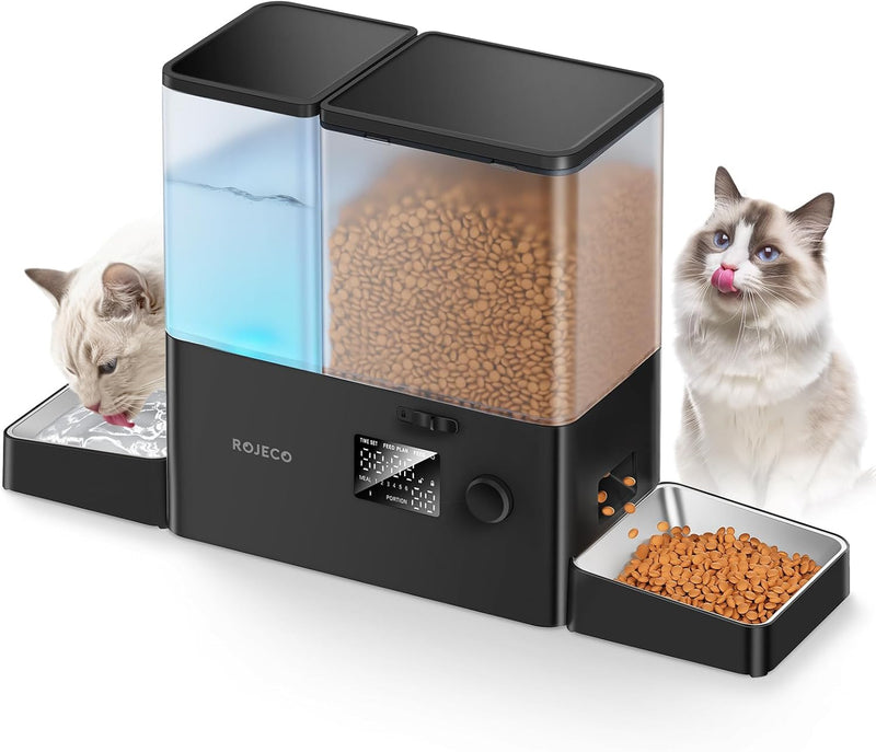 Rojeco 36Cups/8.5L Pet Automatic Cat Feeder and Gravity Water Dispenser,Stainless Steel Bowls 2-in-1 Set Large Capacity 5L Food Feeder and 3.5L Water Fountain for Cats,Pets,Small Dogs,Puppies,Kittens