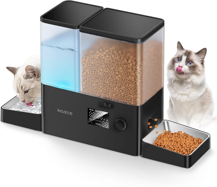 Rojeco 36Cups/8.5L Pet Automatic Cat Feeder and Gravity Water Dispenser,Stainless Steel Bowls 2-in-1 Set Large Capacity 5L Food Feeder and 3.5L Water Fountain for Cats,Pets,Small Dogs,Puppies,Kittens