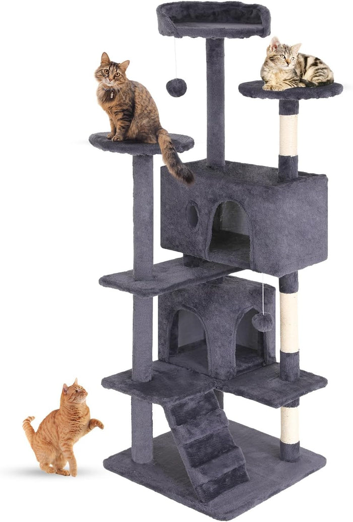 FDW Cat Tree 54in Cat Tower Multi-Level Durable Cat Scratching Post & Cozy Fun Cat Jumping Platform Space Saving Cat Condo Pet Play House for Indoor Cats,Dark Gray