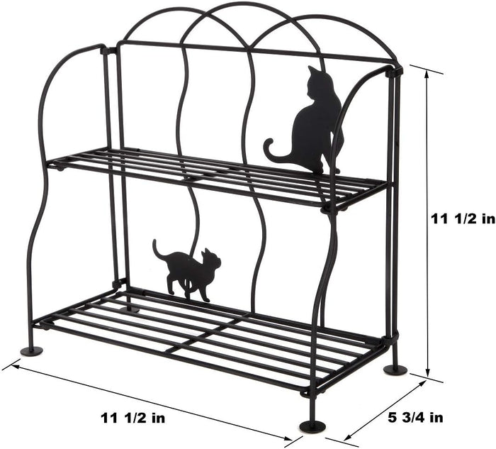 Lily's Home Cat Lovers Black Metal Countertop Wire Shelf Rack, Great for Household Items, Kitchen Organizer, Bathroom Storage and More. Foldable. 2-Tier