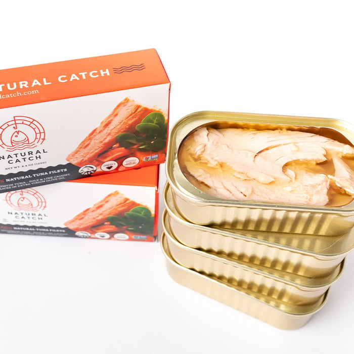 Natural Catch Tuna White Albacore Filets, Hand Cut, Pole & Line Caught, 120 Calories Gluten-Free, Paleo, Keto Friendly, Premium Albacore Tuna in Water (4.4 oz per can- Pack of 12)
