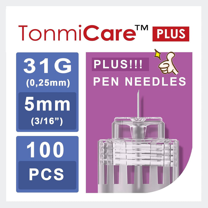 Plus Pen Needles 31g 5mm, Flat Pen Needle Base for Comfortable Insulin Injection, Compatible with Most Diabetes Pens and Injection Devices, 100 pcs/Box (3/16'')