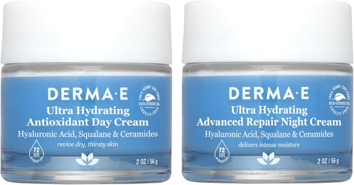 Derma E Ultra Hydrating Day & Night Cream Set – Moisturizer Duo with Hyaluronic Acid, Squalane & Ceramides for Nourished, Replenished Skin – Gentle Daily and Overnight Facial Care