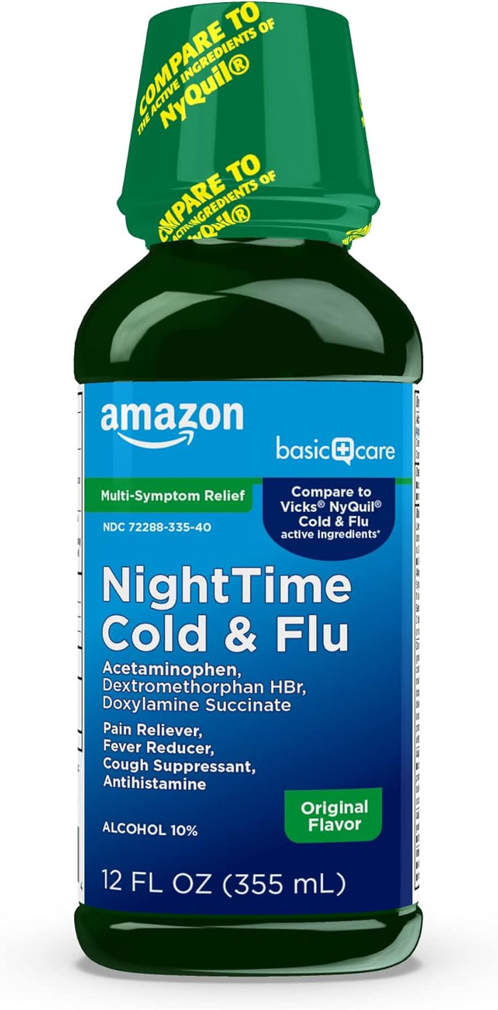 Amazon Basic Care Night Time Cold & Flu Liquid, Cherry, 12 fl oz (Pack of 1)