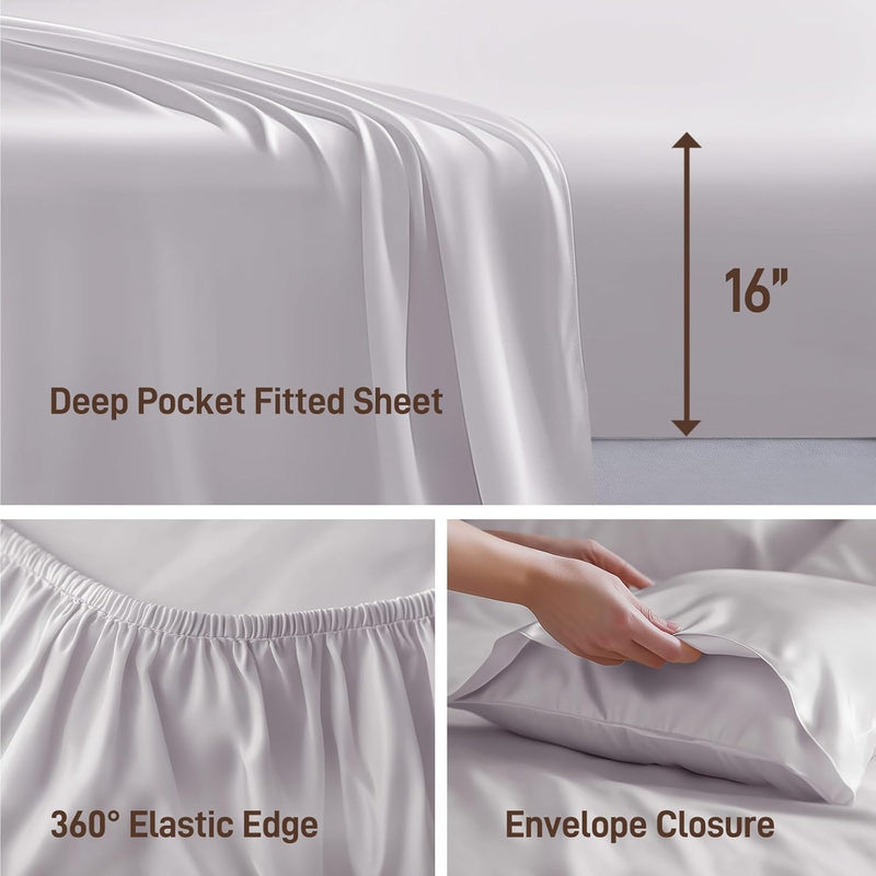 Viscose Derived from Bamboo, Soft Cooling Bedding with Silky Smooth Finish,16" Deep Pocket, Hypoallergenic, Breathable, 4 Piece Queen Size Luxury Hotel Silver Gray Bed Sheets, Oeko-Tex Certified