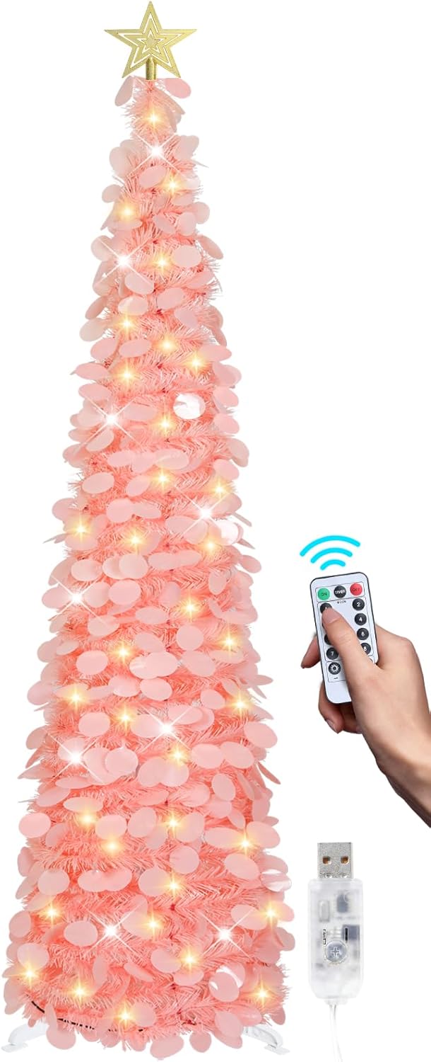 6 FT Pop Up Christmas Tree with 100 LED Timer Lights & Remote, White Collapsible Christmas Tinsel Tree Artificial Pencil Tree Xmas Decoration for Holiday Home Office Party, USB Powered