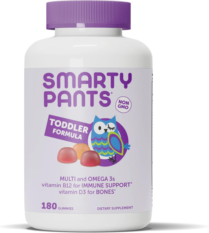 SmartyPants Toddler Multivitamin Gummies - Improved Formula: Omega 3 (DHA/EPA), Vitamins D3, C, Vitamin B12, B6, A, K & Zinc, Biotin, Gluten Free, Three Fruit Flavors, 60 Count (30 Day Supply)