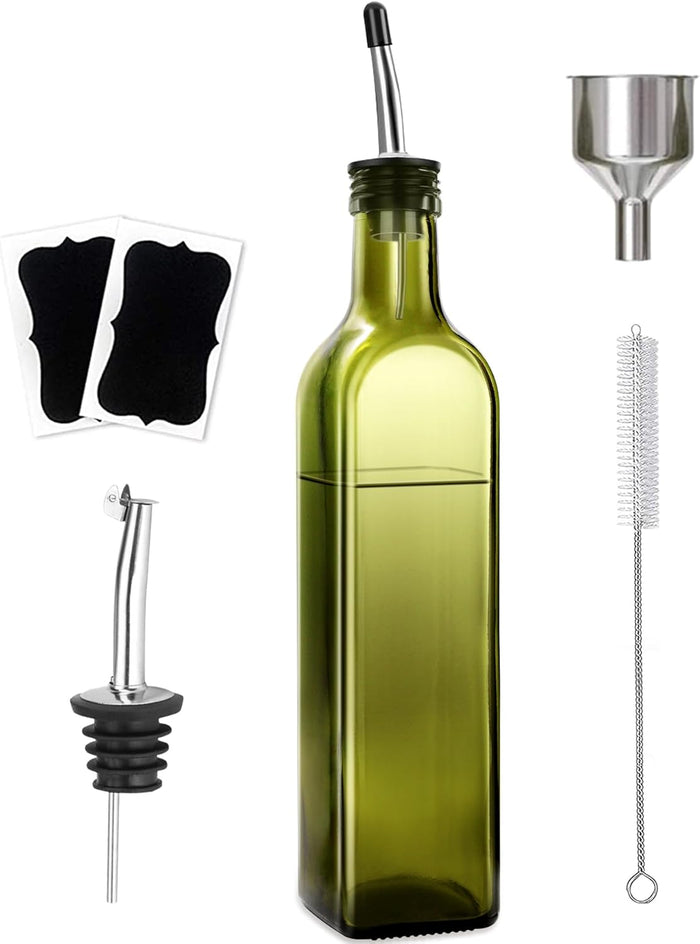 Olive Oil Dispenser Bottle, 2 Pcs Glass Olive Oil Dispenser and Vinegar Dispenser Set with 2 Stainless Steel Pourers, 4 Labels,1 Brush and 1 Funnel Oil Bottles for Kitchen (500ml)