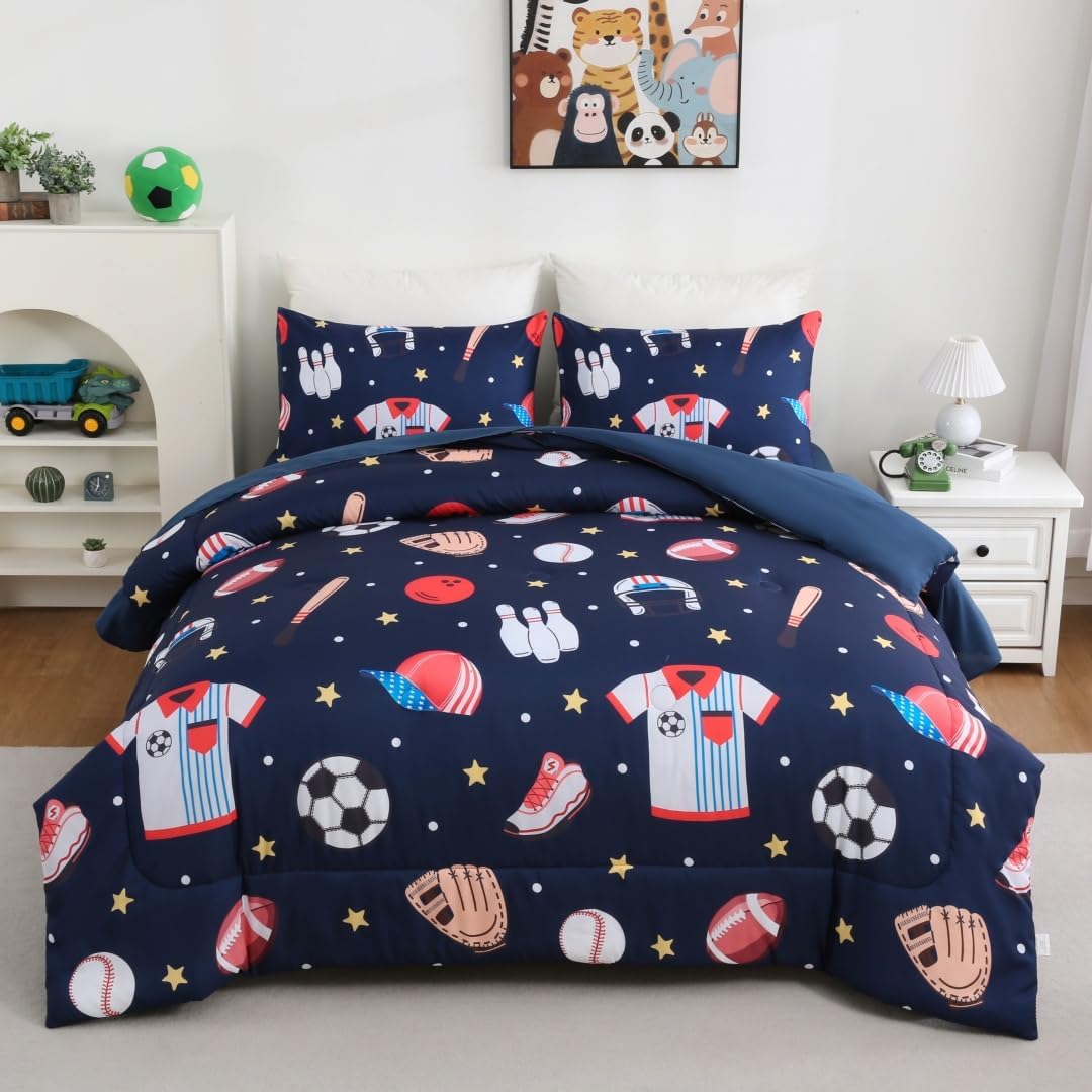 Sports Bedding Set Twin for Boys Navy Blue Comforter Set Baseball Football Soccer Basketball Bed Sets 5 Pcs Bed in A Bag with Sheets