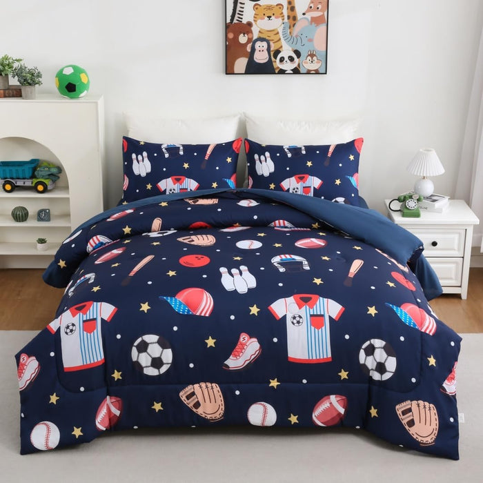 Sports Bedding Set Twin for Boys Navy Blue Comforter Set Baseball Football Soccer Basketball Bed Sets 5 Pcs Bed in A Bag with Sheets