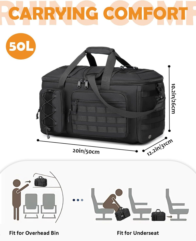 50L Gym Bags for Men, 3 in 1 Travel Duffle Bag with Shoe Compartment, Tactical Military Backpack for Overnight Weekender Gym Traveling Workout Deployment