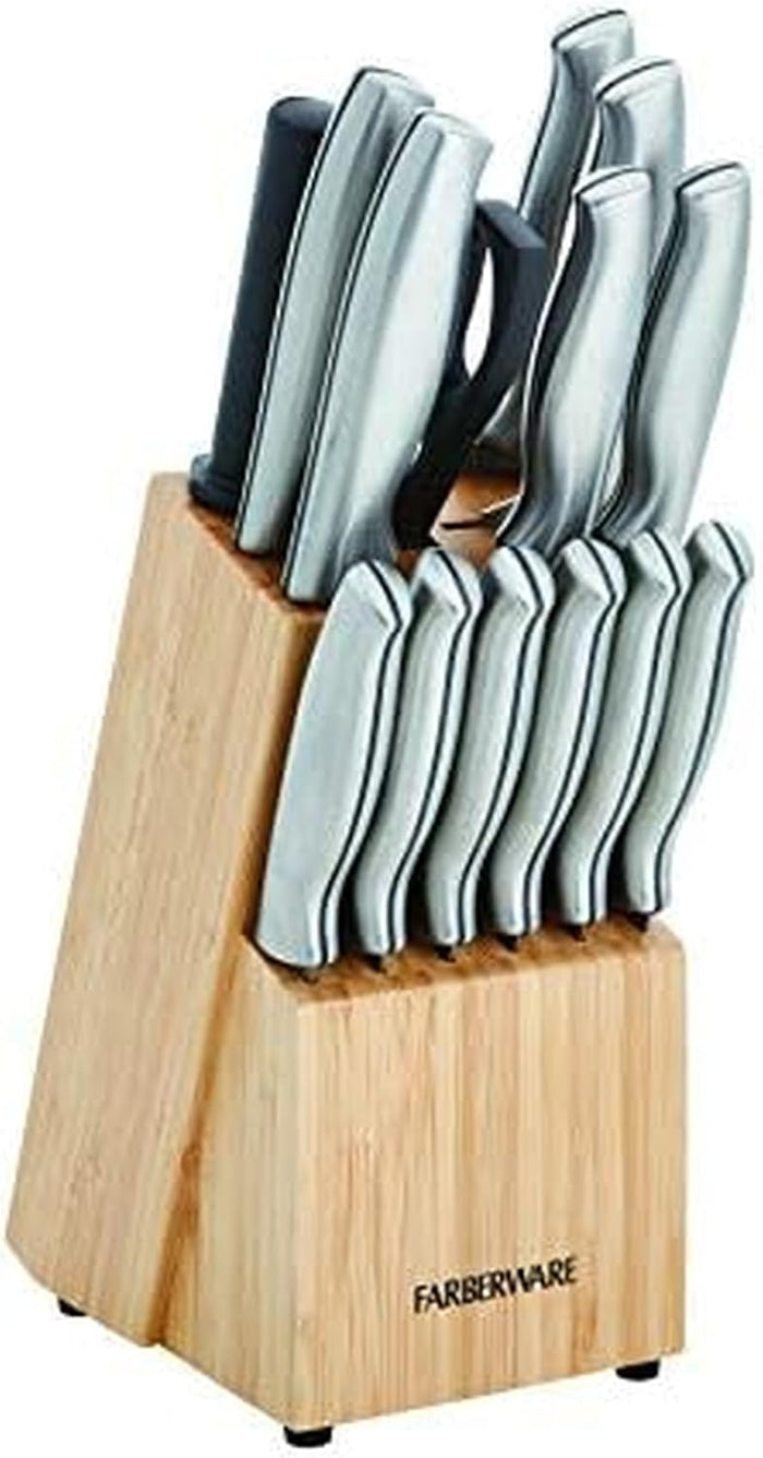 FARBERWARE 15-Piece Kitchen Knife Set with High-Carbon Stainless Steel Blades, Black Handles, Steak Knives, Wood Block, Razor Sharp and Ergonomic
