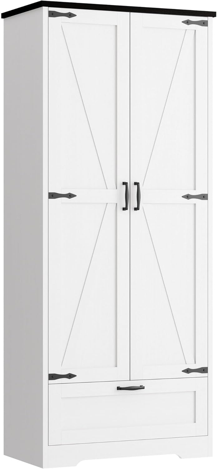 Vongrasig Kitchen Pantry Storage Cabinet with Barn Doors, Drawer and Adjustable Shelves, 4-Tier Tall Rustic Wood Cupboard Locker for Kitchen, Dining Room, Living Room, Bathroom, White