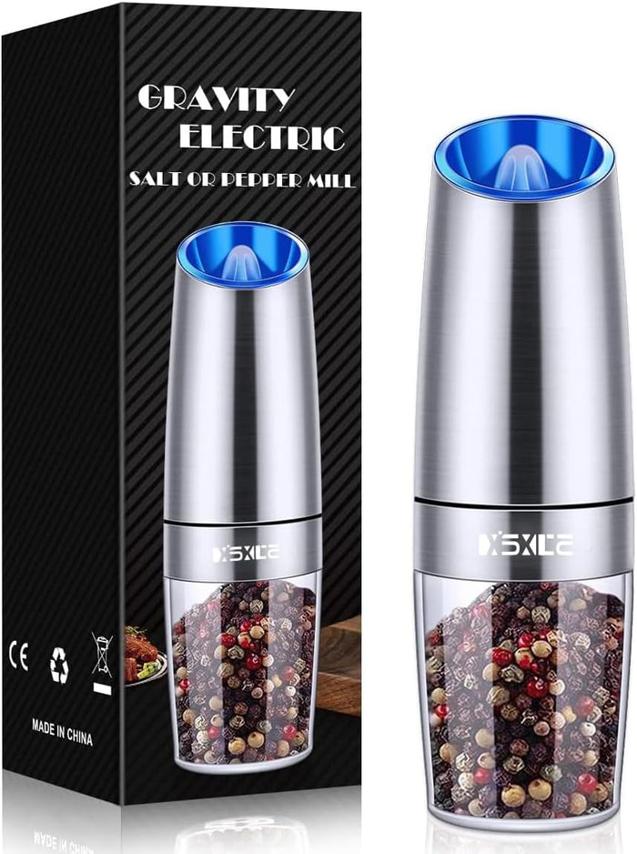 XinXu Gravity Electric Pepper and Salt Grinder Set, Adjustable Coarseness, with LED Light, One Hand Automatic Operation (Set/Silver X)