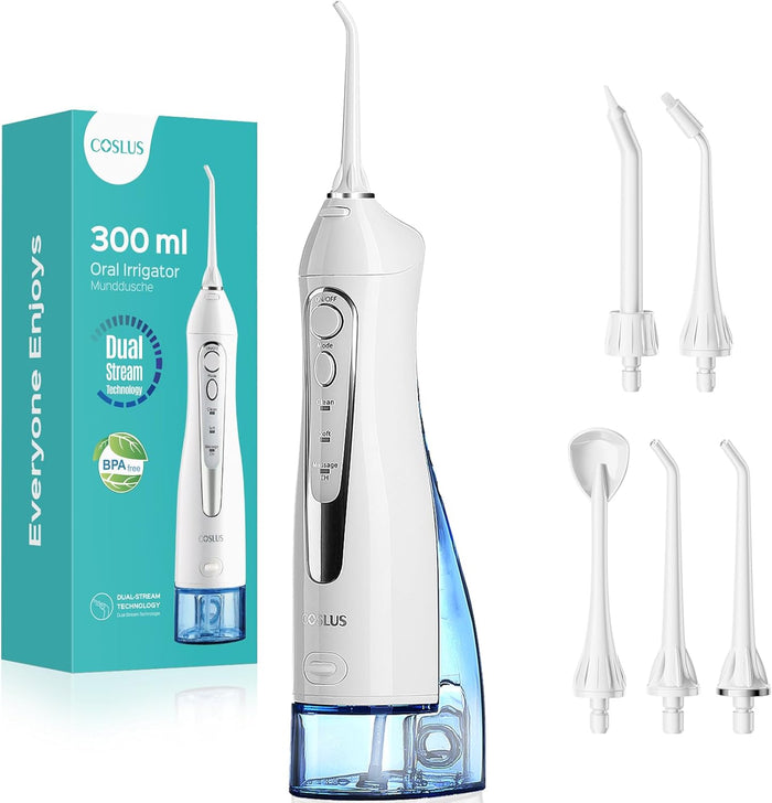 COSLUS Water Dental Flosser Teeth Pick: Portable Cordless Oral Irrigator 300ML Rechargeable Travel Irrigation Cleaner IPX7 Waterproof Electric Flossing Machine for Teeth Cleaning C20(F5020E)