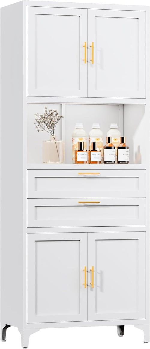 75” Tall Kitchen Pantry Storage Cabinet, Metal Storage Cabinet with 1 Drawer and Adjustable Shelves, Kitchen Pantry Cupboard, Freestanding Cupboard for Bathroom, Living Room (White-Glass Door)