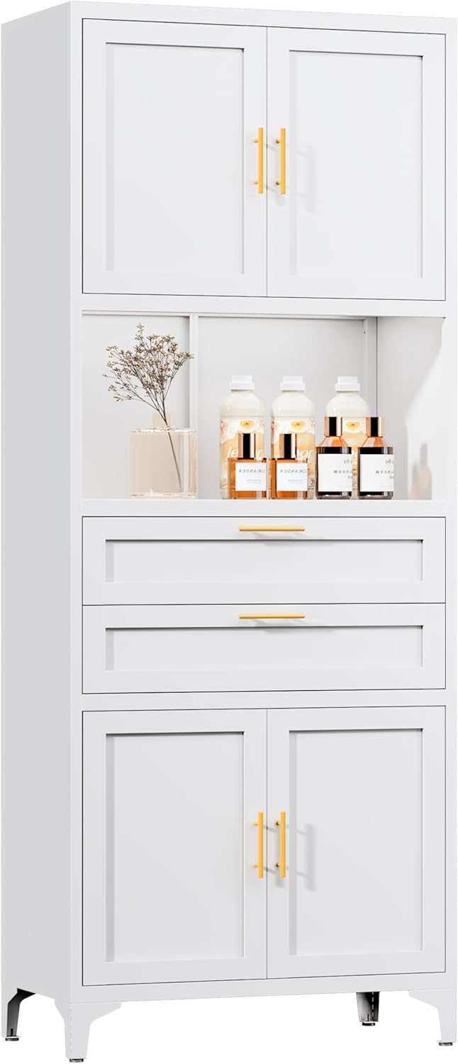 75” Tall Kitchen Pantry Storage Cabinet, Metal Storage Cabinet with 1 Drawer and Adjustable Shelves, Kitchen Pantry Cupboard, Freestanding Cupboard for Bathroom, Living Room (White-Glass Door)
