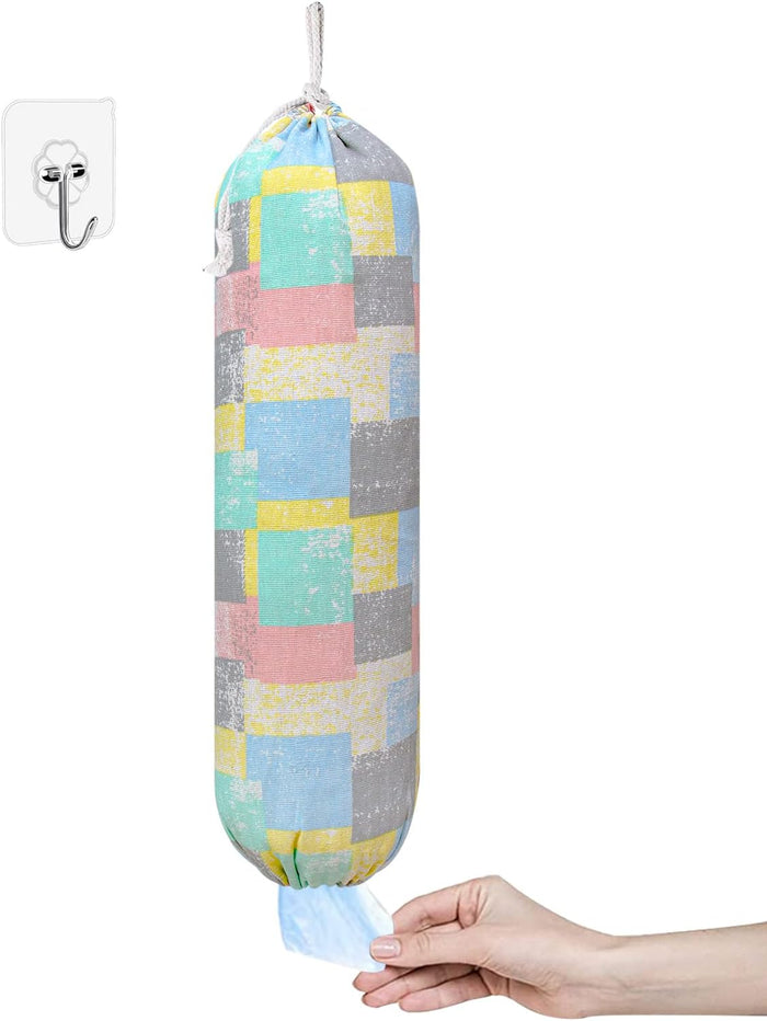 SYIPO Plastic Bag Holder, Wall Mount Organizer, Shopping Bags Carrier, Washable Large Grocery Storage Dispenser for Home Kitchen Travelling, Free Adjustment with Drawstring (Check Gray)