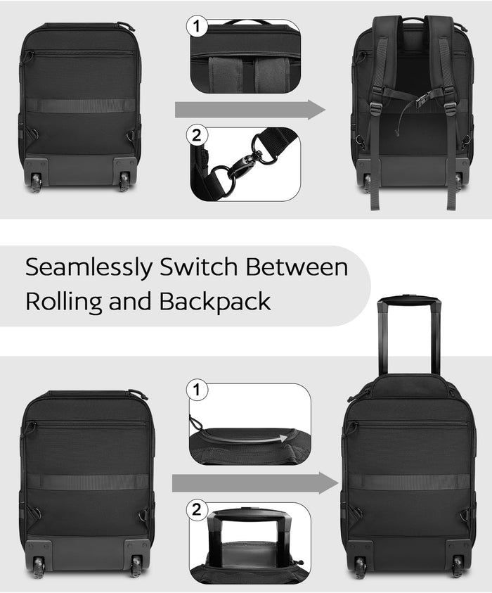 Rolling Tactical Laptop Backpack, 17 Inch Wheeled Military Computer Backpack for Men and Women, Roller Carry on Luggage for Work Travel, Overnight Molle Outdoor Hiking Bag with Wheels, Black