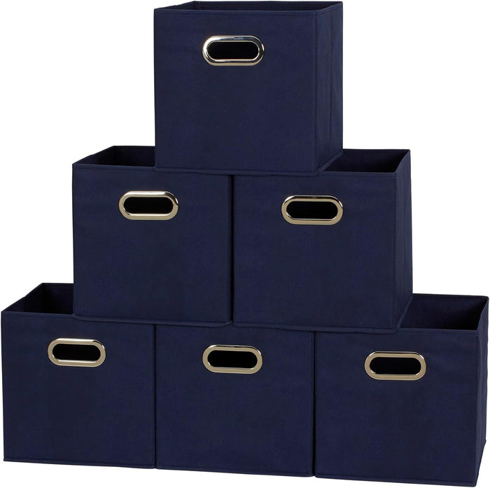 Household Essentials Fabric Storage Cube Bins, 6 Piece Set, Strong Poly-Woven Fabric, Chipboard Sides, Grommet Front Handle, Stackable and Foldable, Classic Design, Dark Green