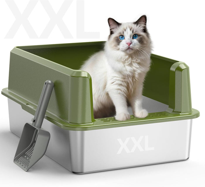 Enclosed Stainless Steel Cat Litter Box with Lid, XL Extra Large Litter Box for Big Cats, Metal Litter Pan High Sided, Never Absorbs Odors, Anti-Urine Leakage, Easy Cleaning, Include Scoop